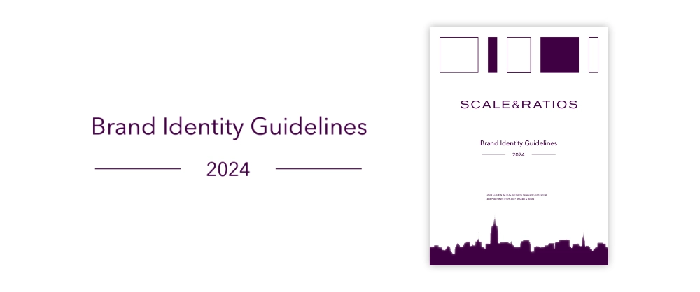 Cover of SCALE & RATIOS Brand Identity Guidelines 2024 with a minimalist design and purple skyline silhouette.