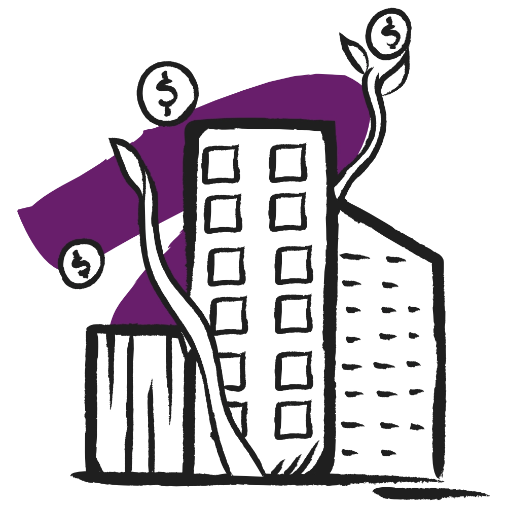 Hand-drawn illustration of urban buildings with vines growing and sprouting dollar signs, symbolizing financial growth and sustainability.