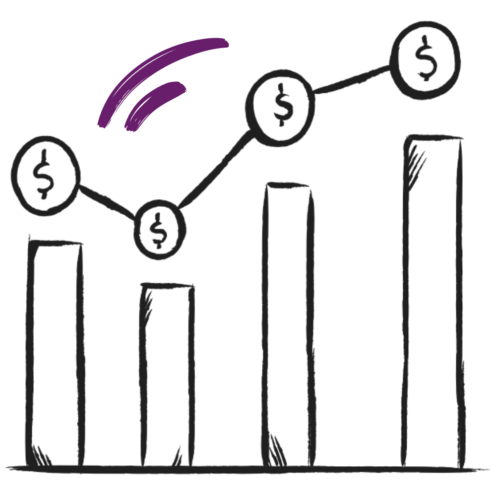 Hand-drawn bar graph illustration showing four ascending bars with a line graph overlay connected by dollar signs, symbolizing financial growth or profit tracking.