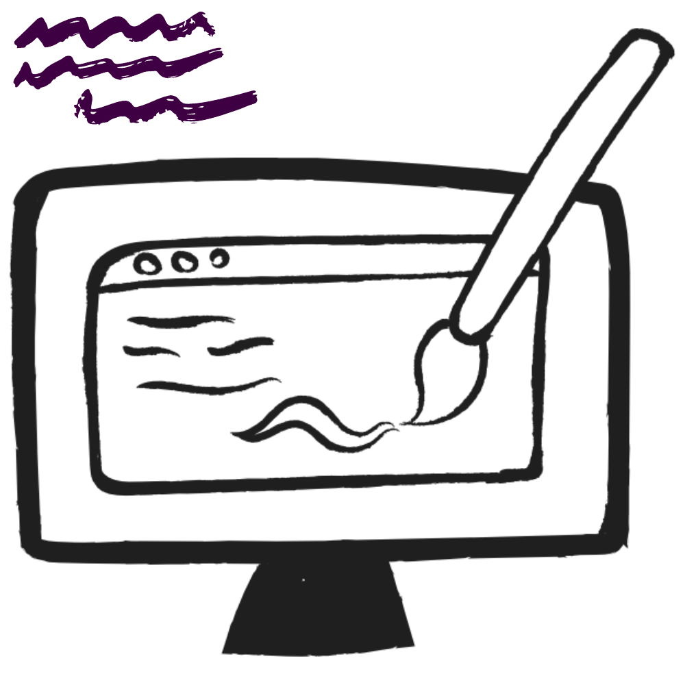 Illustration of a computer screen with a paintbrush creating a wavy design, symbolizing digital creativity.