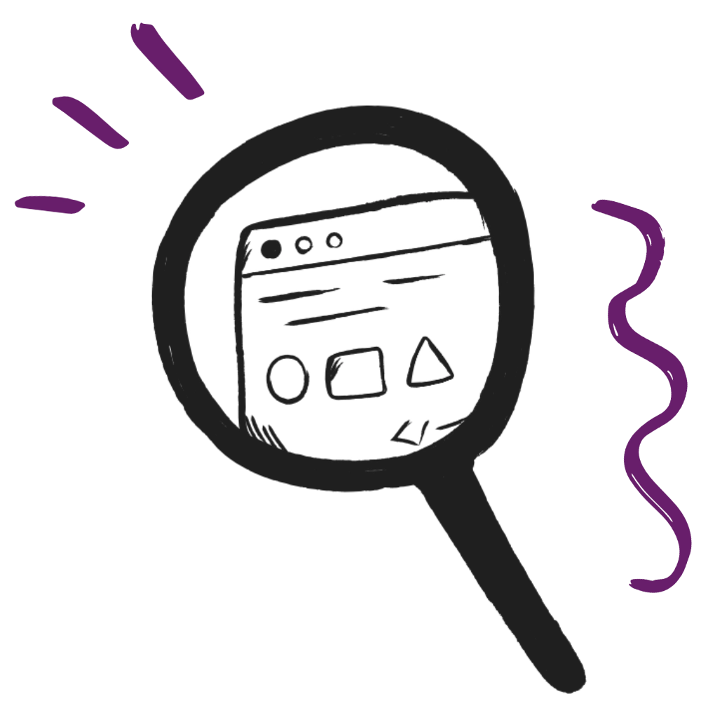 Hand-drawn illustration of a magnifying glass focusing on a web page interface with shapes and text, symbolizing search, analysis, and scrutiny.