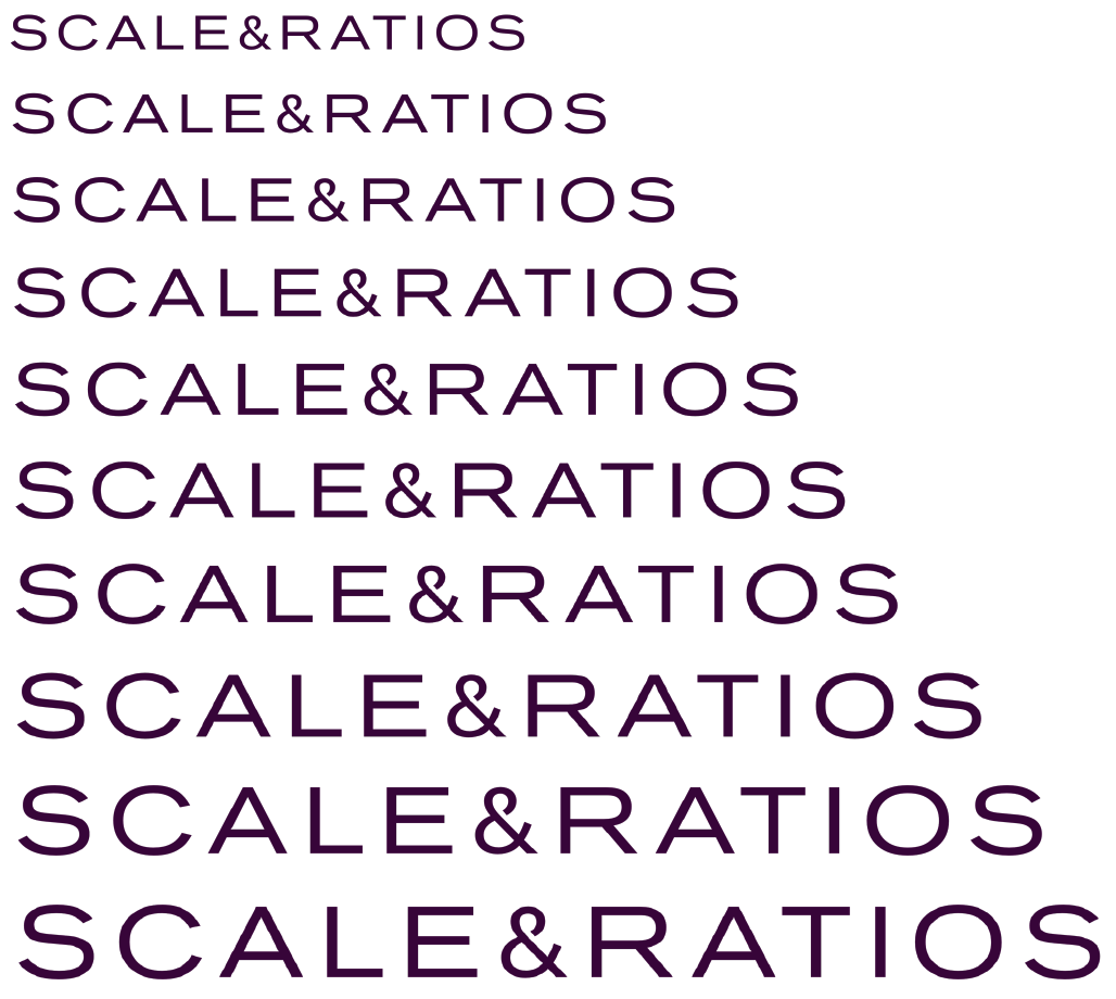 Repeated SCALE & RATIOS text in a typographic cascade, increasing in size from top to bottom in purple font.