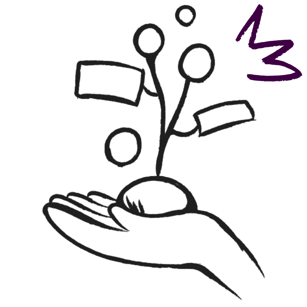 Illustration of a hand holding a growth symbol with abstract lines and circles, signifying ideas and opportunities.