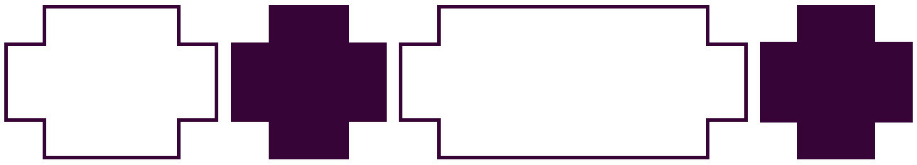 Four geometric cross shapes in purple, two solid-filled and two outlined, arranged in a sequence.