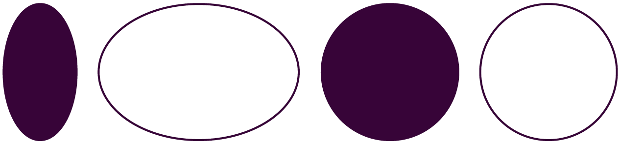 Four geometric shapes in purple, alternating between ovals and circles, with two solid-filled and two outlined designs.