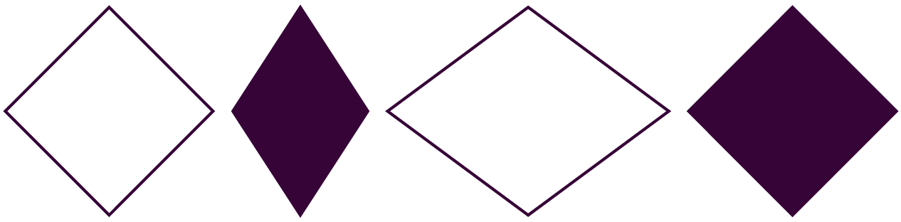 Four geometric diamond shapes in purple, two solid-filled and two outlined, arranged alternately.