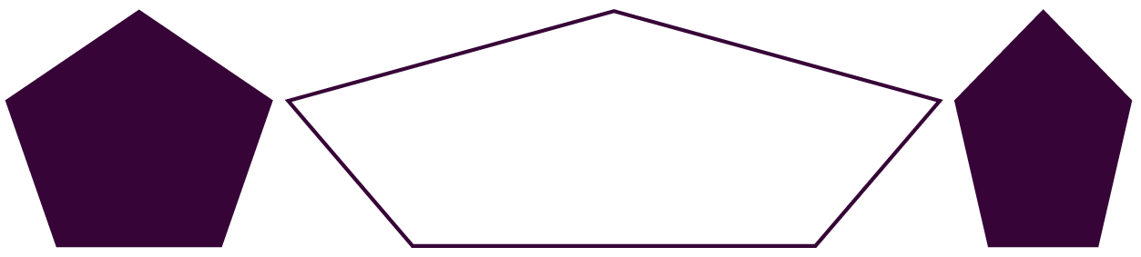 Three geometric pentagon shapes in purple, one outlined in the center and two solid-filled on the sides.