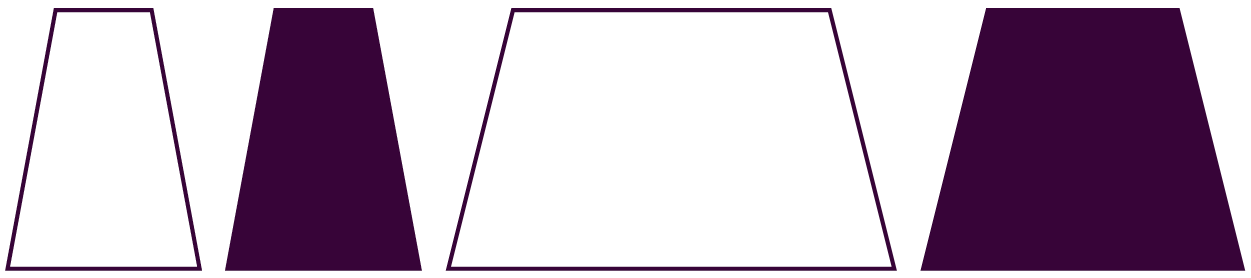 Four geometric trapezoid shapes in purple, two solid-filled and two outlined, arranged in a sequence.