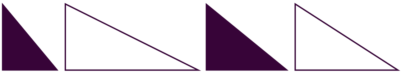 Four geometric triangular shapes in purple, two solid-filled and two outlined, arranged in a sequence.