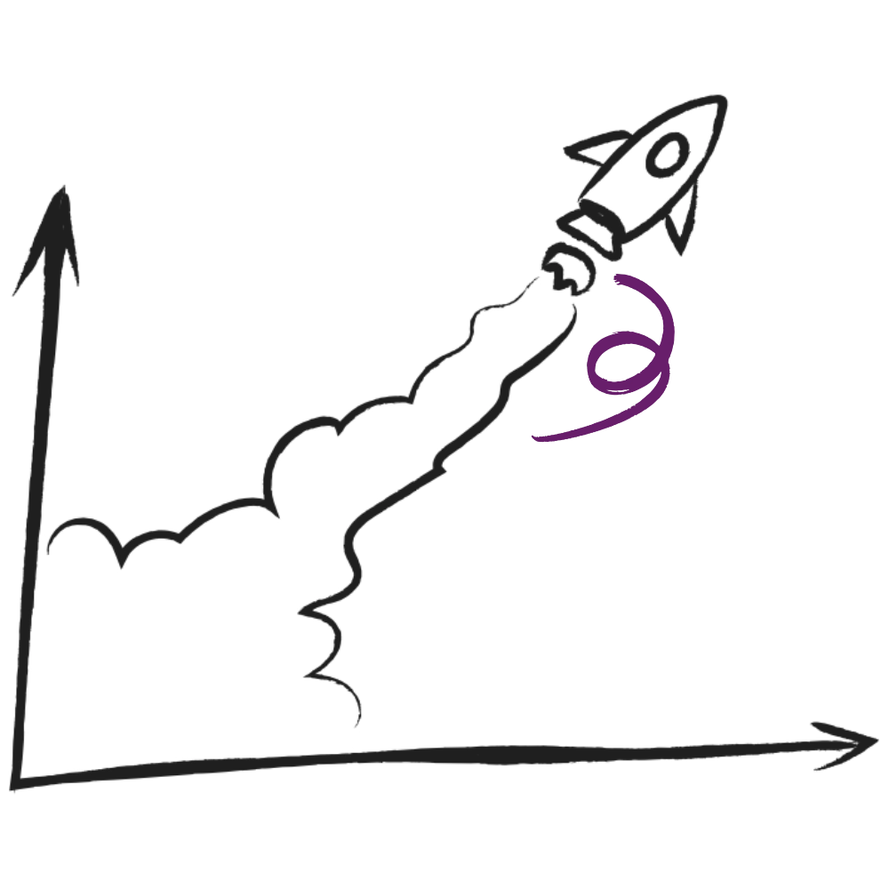 Hand-drawn illustration of a rocket taking off on a graph with an upward trend.