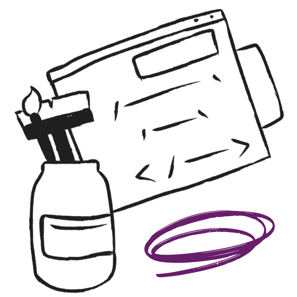 Hand-drawn illustration of a webpage accompanied by a jar with a brush and tools inside.