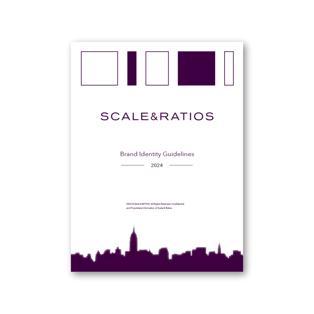 Cover page of SCALE & RATIOS Brand Identity Guidelines for 2024, featuring a minimalist design with purple geometric shapes and a city skyline silhouette at the bottom.