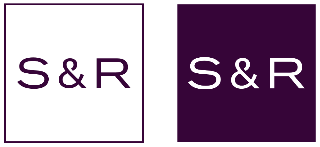 S&R logo displayed in two styles: white text on a purple square and purple text on a white square with a purple border.