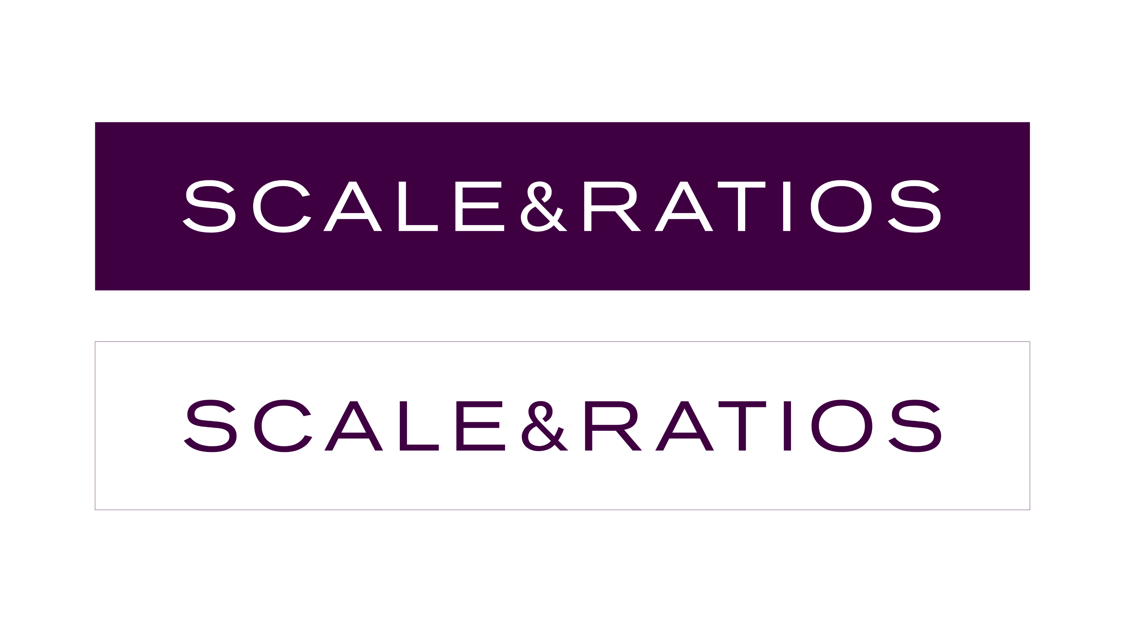 SCALE & RATIOS logo in two variations: white text on a purple background and purple text on a white background.