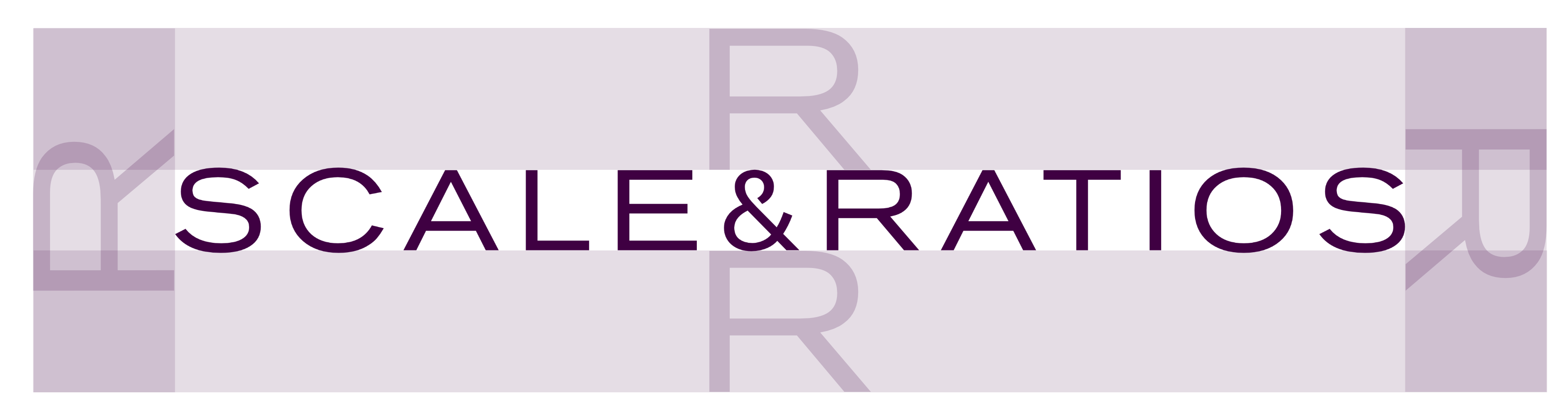 SCALE & RATIOS logo with a transparent purple overlay and large typography in the background.